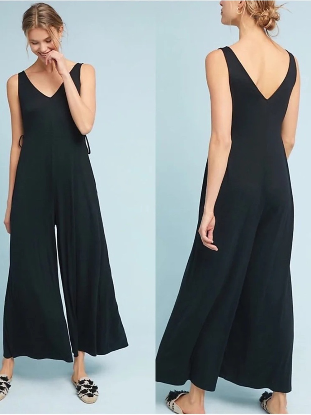 Anthropologie Sat/Sun Black V-Neck ribbed knit Wide-Leg Sleeveless Jumpsuit L